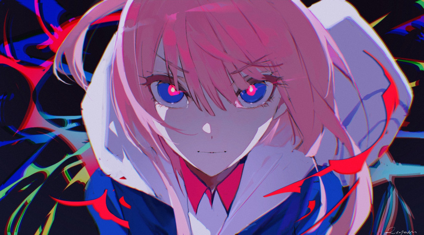 1girl abstract_background blue_eyes blue_jacket close-up commentary_request glowing glowing_eyes highres hood hood_down hooded_jacket jacket kaf_(kamitsubaki_studio) kamitsubaki_studio long_hair looking_at_viewer multicolored_eyes pink_hair raivarune serious sketch solo staring straight-on virtual_youtuber yellow_pupils