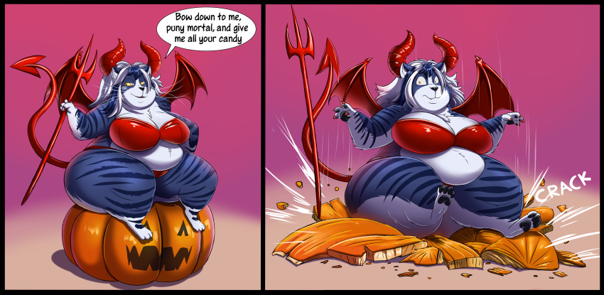 2020 absurd_res anthro belly big_breasts black_border border bra breasts chest_tuft chubby_anthro chubby_female cleavage clothed clothing costume crush devil_costume dialogue domestic_cat english_text felid feline felis female food fruit fur hair halloween hi_res holding_object holding_pitchfork holding_tool holidays horn looking_aside mammal membrane_(anatomy) membranous_wings mouth_closed multiple_images narrowed_eyes open_mouth overweight overweight_anthro overweight_female panties paws pitchfork plant pumpkin red_clothing shenzel shenzel_(shenzel) sitting sitting_on_pumpkin slightly_chubby solo sound_effects spade_tail speech_bubble text thick_thighs tools tuft underwear whiskers wide_eyed wide_hips wings yellow_eyes