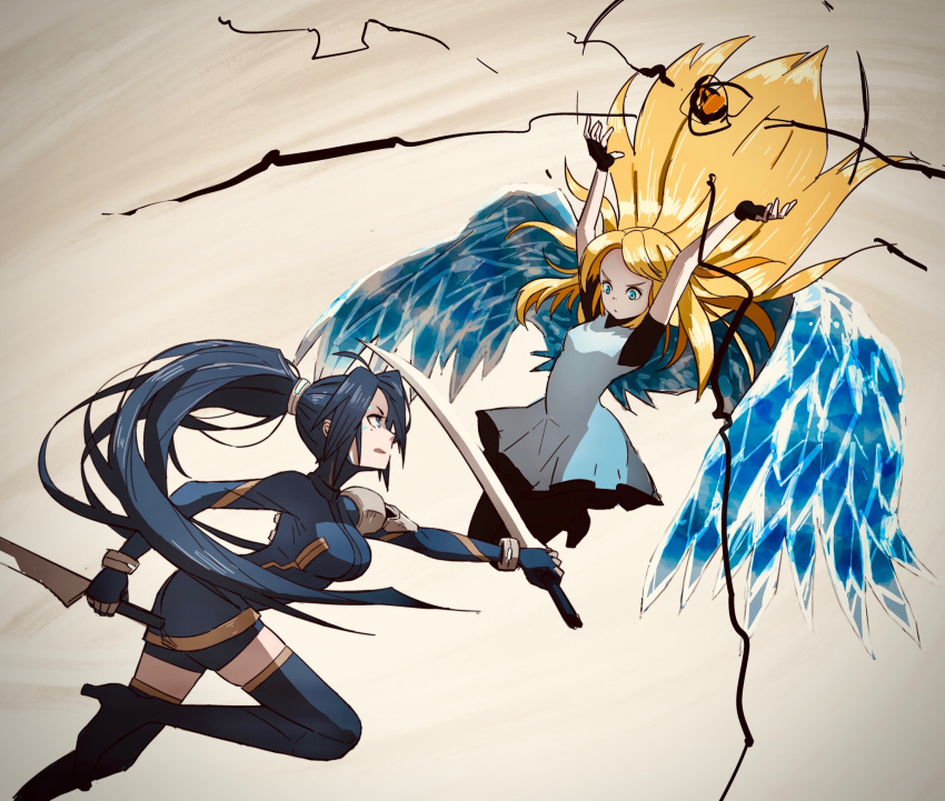 2girls ann_flores anno:mutationem arms_up battle black_footwear black_hair black_pantyhose black_shorts blonde_hair blue_dress blue_eyes blue_wings boots bracelet breasts casting_spell dress dual_wielding fingerless_gloves floating_hair flying full_body gloves highres holding holding_sword holding_weapon ice ice_wings jewelry long_hair long_sleeves magic medium_breasts melissa_(anno:mutationem) mole mole_under_eye multiple_girls pantyhose reverse_grip short_dress shorts small_breasts spoilers squid_jt sword thigh_boots very_long_hair weapon white_dress wings