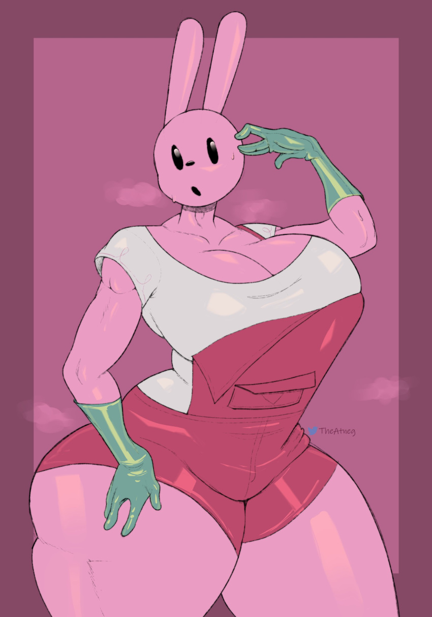 absurd_res anthro big_breasts bodily_fluids breasts cleavage clothed clothing female fur gloves handwear hi_res lagomorph leporid mammal overalls pink_body pink_fur rabbit simple_eyes simple_face solo steam sweat theatneg thick_thighs widget