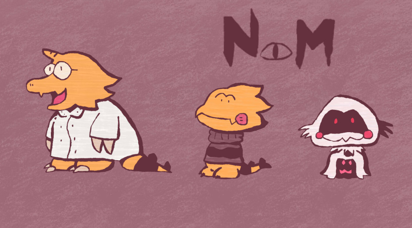 alphys beast blush brown_sweater claws coat extra_faces fangs frog froggit furry furry_female furry_male glasses highres horns monster monster_kid_(undertale) nyamimi open_mouth red_pupils reptile_girl reptilian self_upload sweater undertale white_coat