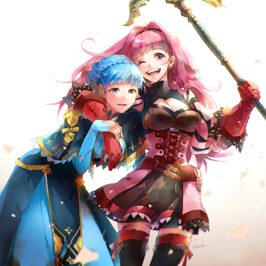 2girls arm_around_shoulder axe backlighting blood blue_hair blush braid breasts cleavage_cutout clothing_cutout crown_braid cuts detached_sleeves earrings fire_emblem fire_emblem:_three_houses gloves grey_eyes hand_on_another's_hip happy highres hilda_valentine_goneril hoop_earrings injury jewelry large_breasts leaning_forward long_hair looking_at_viewer marianne_von_edmund multiple_girls one_eye_closed open_mouth pink_eyes pink_hair puffy_detached_sleeves puffy_sleeves shiroi_(shiroicbe) signature skirt thighhighs torn_clothes torn_skirt wind