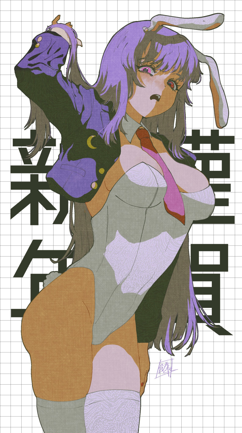 1girl absurdres animal_ears blazer buttons carrot_pin crescent crescent_pin detached_collar highres jacket leotard light_purple_hair long_hair necktie pink_eyes playboy_bunny puffy_short_sleeves puffy_sleeves purple_hair rabbit_ears rabbit_tail red_necktie reisen_udongein_inaba short_sleeves skindentation sokura_(mochichitose) solo strapless strapless_leotard tail thighhighs touhou undersized_clothes very_long_hair white_leotard white_thighhighs