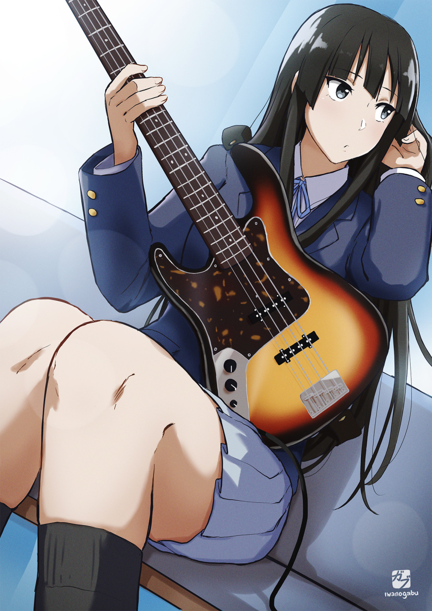 1girl akiyama_mio artist_name bangs bass_guitar black_eyes black_hair black_socks blazer blue_jacket blue_ribbon closed_mouth collared_shirt commentary_request couch gabuillust grey_skirt highres hime_cut holding holding_instrument instrument jacket k-on! kneehighs long_hair long_sleeves looking_to_the_side neck_ribbon pleated_skirt ribbon shadow shirt sidelocks sitting skirt socks solo watermark white_shirt winter_uniform