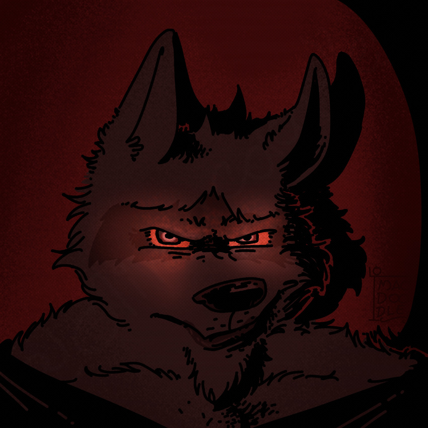 absurd_res anthro bizarre bust_portrait canid canine canis comic death_(puss_in_boots) evil_face hi_res humanoid male mammal mature_male olimacdoodles portrait red_eyes solo toony wolf