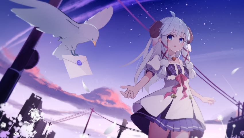 1girl :o absurdres bangs bird blue_eyes blue_skirt breasts building cloud cowboy_shot dress dusk envelope feathers flower gradient_sky hair_ribbon highres horns letter long_hair looking_to_the_side merry_(meumy) meumy mi_yao_ye_yoko outdoors parted_lips pleated_skirt power_lines puffy_short_sleeves puffy_sleeves purple_sky red_ribbon ribbon sheep_horns short_sleeves skirt sky small_breasts solo standing star_(sky) starry_sky thighs twintails virtual_youtuber wax_seal white_bird white_dress white_feathers white_flower white_hair