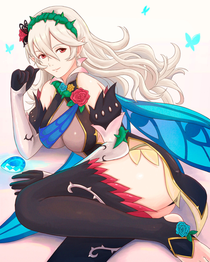 1girl absurdres ass bare_shoulders black_thighhighs breasts bug butterfly corrin_(female)_(fire_emblem) corrin_(fire_emblem) dragonstone dress elbow_gloves english_commentary fire_emblem fire_emblem_fates fire_emblem_heroes flower gloves grey_hair hair_flower hair_ornament hairband highres large_breasts looking_at_viewer lying official_alternate_costume on_side panties pantyshot pointy_ears red_eyes rose see-through short_dress smile solo thighhighs thorns toeless_legwear truejekart underwear white_background