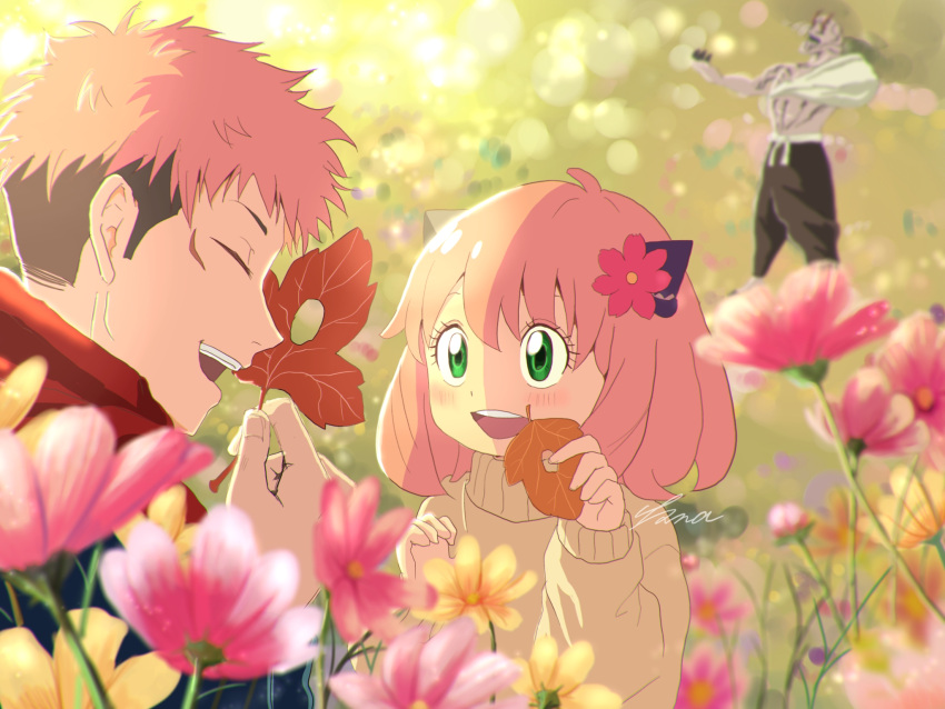 1boy 1girl 1other anya_(spy_x_family) bangs blurry blurry_background closed_eyes crossover flower green_eyes hair_flower hair_ornament hairpods hanamaru_(wanamaru) hanami_(jujutsu_kaisen) hand_up highres holding holding_leaf itadori_yuuji jujutsu_kaisen leaf long_sleeves looking_at_another open_mouth pink_hair red_scarf scar scar_on_face scarf short_hair smile spy_x_family sweater