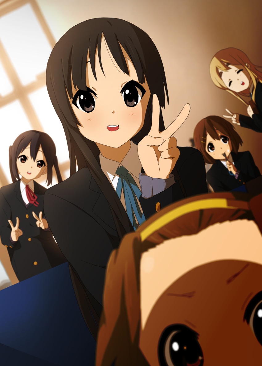 5girls absurdres akiyama_mio bangs black_eyes black_hair black_jacket blazer blonde_hair blue_cardigan blue_ribbon brown_eyes brown_hair buttons cardigan closed_eyes commentary_request couch double_v eating forehead fork hair_between_eyes hair_ornament hairband hairclip happy highres hirasawa_yui holding holding_fork indoors jacket k-on! kicchi_(tmgk) kotobuki_tsumugi long_hair long_sleeves looking_at_viewer multiple_girls nakano_azusa neck_ribbon open_mouth red_ribbon ribbon sakuragaoka_high_school_uniform school_uniform short_hair sidelocks tainaka_ritsu teeth thick_eyebrows twintails upper_teeth_only v window winter_uniform yellow_hairband