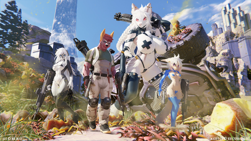16:9 2023 abs anthro breasts canid canine clothed clothing day detailed_background digital_media_(artwork) female fur hair hi_res male mammal mr.mist outside sky smile white_body white_fur white_hair widescreen