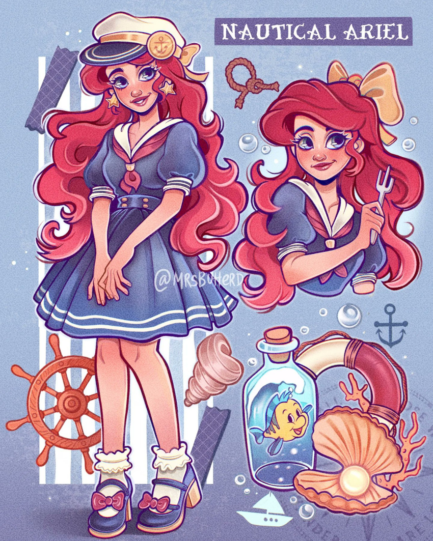 1girl ariel_(disney) blue_eyes blue_footwear bow commentary disney dress earrings english_commentary flounder_(the_little_mermaid) fork hair_bow hat highres jewelry long_hair mrsbutterd neckerchief puffy_short_sleeves puffy_sleeves red_hair sailor_dress sailor_hat seashell shell short_sleeves smile socks solo star_(symbol) star_earrings the_little_mermaid very_long_hair yellow_bow