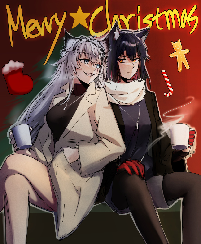 2girls absurdres animal_ears arknights bangs black_coat black_hair black_pantyhose black_shirt breasts candy candy_cane christmas_tree closed_mouth coat crossed_legs cup feet_out_of_frame food frown gingerbread_man gloves grey_eyes grin gwangvt hand_in_pocket highres holding holding_cup jewelry lappland_(arknights) long_hair long_sleeves looking_at_viewer medium_breasts merry_christmas multiple_girls necklace orange_eyes pantyhose red_gloves scar scar_across_eye scarf shirt shorts sitting small_breasts smile steam teeth texas_(arknights) turtleneck white_coat white_hair wolf_ears