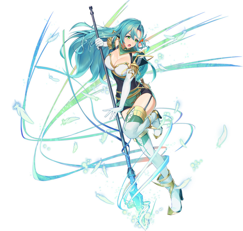 aqua_hair bangs boots breasts chloe_(fire_emblem) cleavage elbow_gloves feathers fire_emblem fire_emblem_engage fire_emblem_heroes garter_straps gloves green_eyes holding holding_polearm holding_weapon large_breasts long_hair parted_lips polearm thigh_boots thighs weapon white_gloves