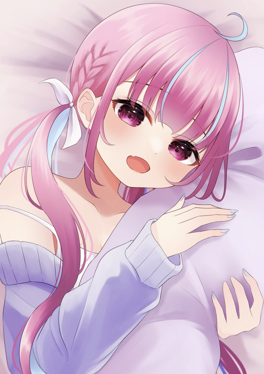 1girl :d absurdres ahoge bangs blue_hair blue_nails blunt_bangs braid camisole collarbone create8 fang french_braid hair_ribbon highres hololive long_sleeves looking_at_viewer lying minato_aqua multicolored_hair object_hug off_shoulder on_bed open_mouth pillow pillow_hug purple_eyes purple_hair purple_sweater ribbon skin_fang smile solo strap_slip streaked_hair sweater twintails upper_body virtual_youtuber white_camisole white_ribbon