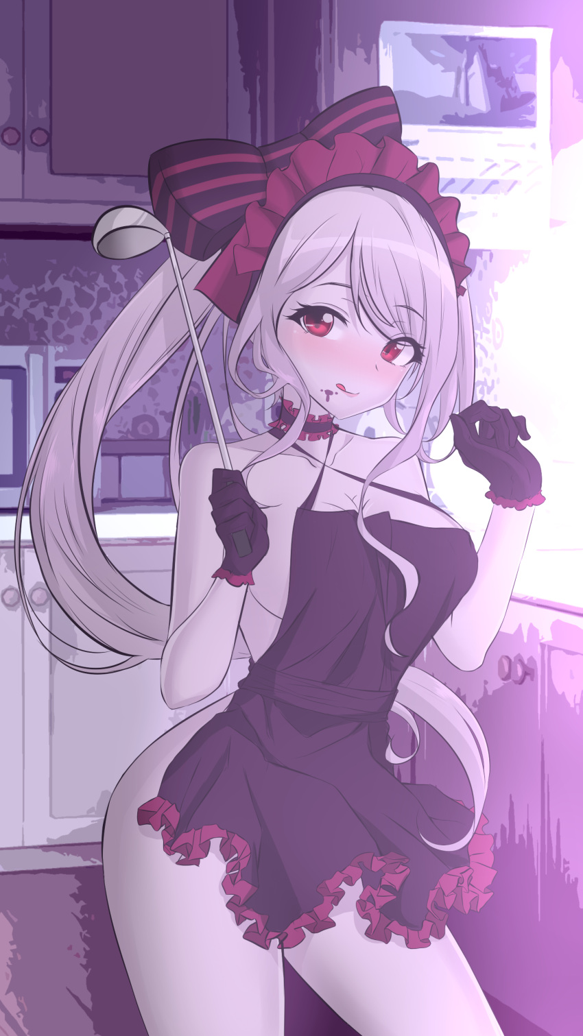 absurdres apron bangs black_gloves blush breasts choker commission feint frilled_apron frilled_gloves frills gloves hairband highres light_purple_hair lolita_hairband looking_at_viewer naked_apron overlord_(maruyama) pale_skin red_eyes ribbon_choker shalltear_bloodfallen sideboob slit_pupils smile solo striped swept_bangs white_apron