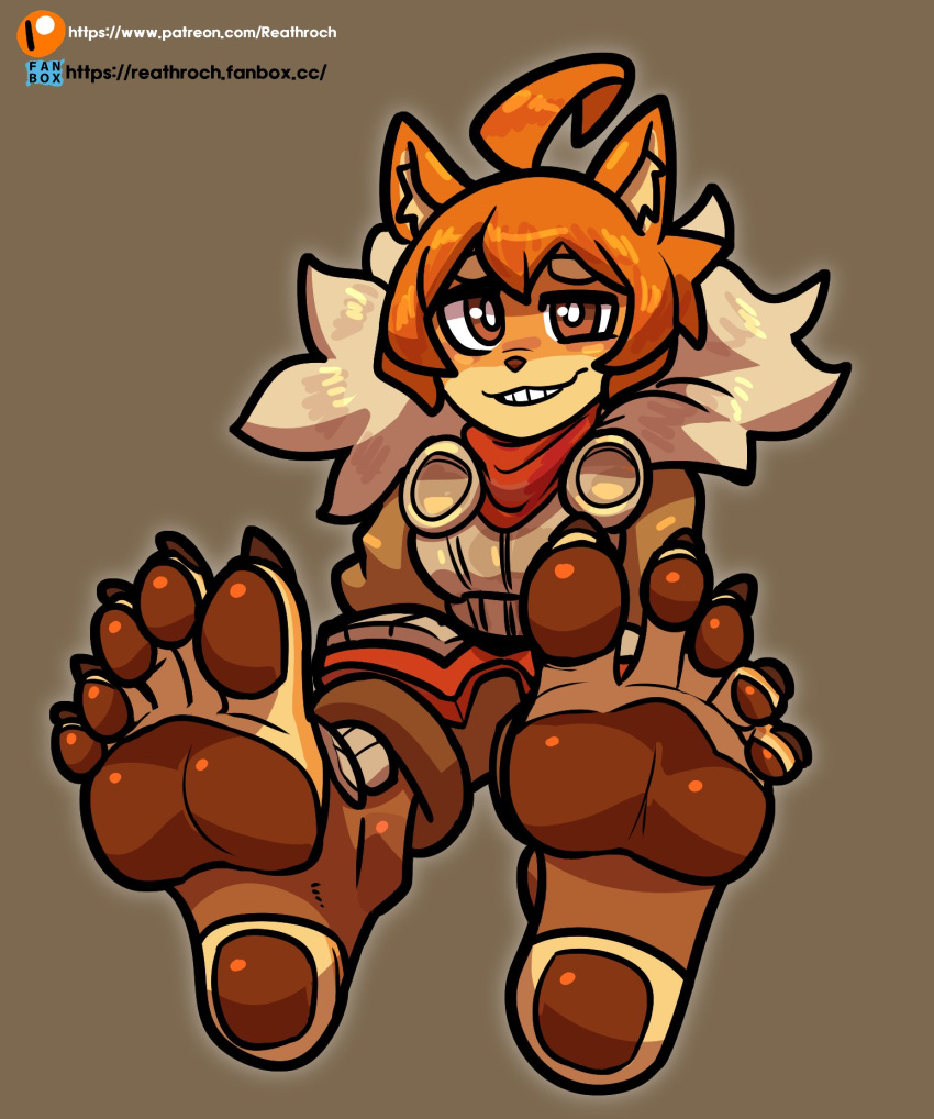 2023 5_toes ahoge anthro armor boots brown_background brown_eyes brown_nails canid canine canis clothed clothing colored_nails dog_knight_rpg domestic_dog feet female foot_focus footwear fur grin hair hi_res humanoid_feet inner_ear_fluff looking_at_viewer maci_(ceehaz) mammal nails orange_body orange_fur orange_hair pawpads plantigrade pomeranian reathroch short_hair simple_background sitting smile soles solo spitz stirrup_footwear text toes tuft url