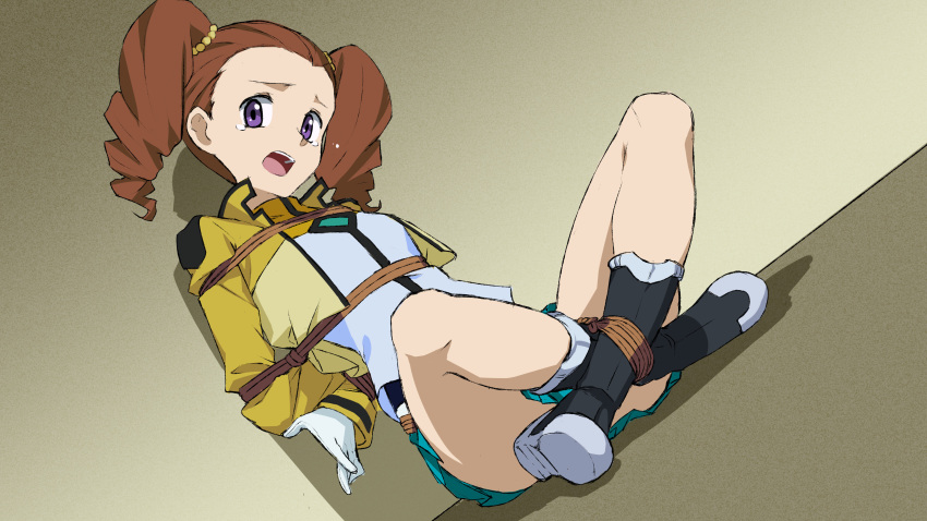 1girl absurdres bdsm bondage bound breasts brown_hair celestial_being_uniform chimu_xingcheng full_body gloves gundam gundam_00 highres jacket long_hair looking_at_viewer mileina_vashti open_mouth pleated_skirt purple_eyes sad shibari short_twintails sitting skirt small_breasts solo tearing_up twintails white_gloves yellow_jacket