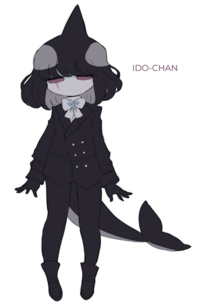 absurdres bangs black_hair cetacean_tail colored_skin dot_mouth expressionless female_child fish_tail formal gloves highres idoru orca orca_girl original purple_eyes scar shoes short_hair simple_background suit tail thick_thighs thighs tuxedo white_background white_skin