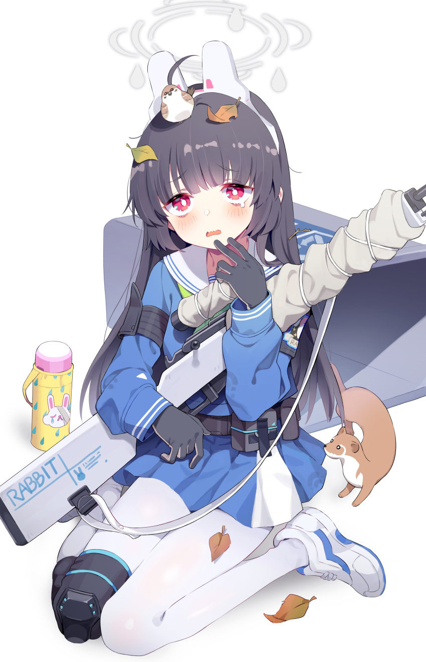 1girl absurdres animal_ears animal_on_head bangs belt bird bird_on_head black_gloves black_hair blue_archive blue_shirt blue_skirt blush bolt_action fake_animal_ears ferret gloves gun hairband highres holding holding_gun holding_weapon knee_pads kunikune leaf leaf_on_head long_hair looking_at_viewer miniskirt miyu_(blue_archive) mosin-nagant on_head open_mouth pantyhose pouch raised_eyebrows red_eyes rifle sailor_collar shirt shoes single_knee_pad sitting skirt sneakers sniper_rifle solo tearing_up thermos trash_can wariza weapon white_background white_footwear white_pantyhose