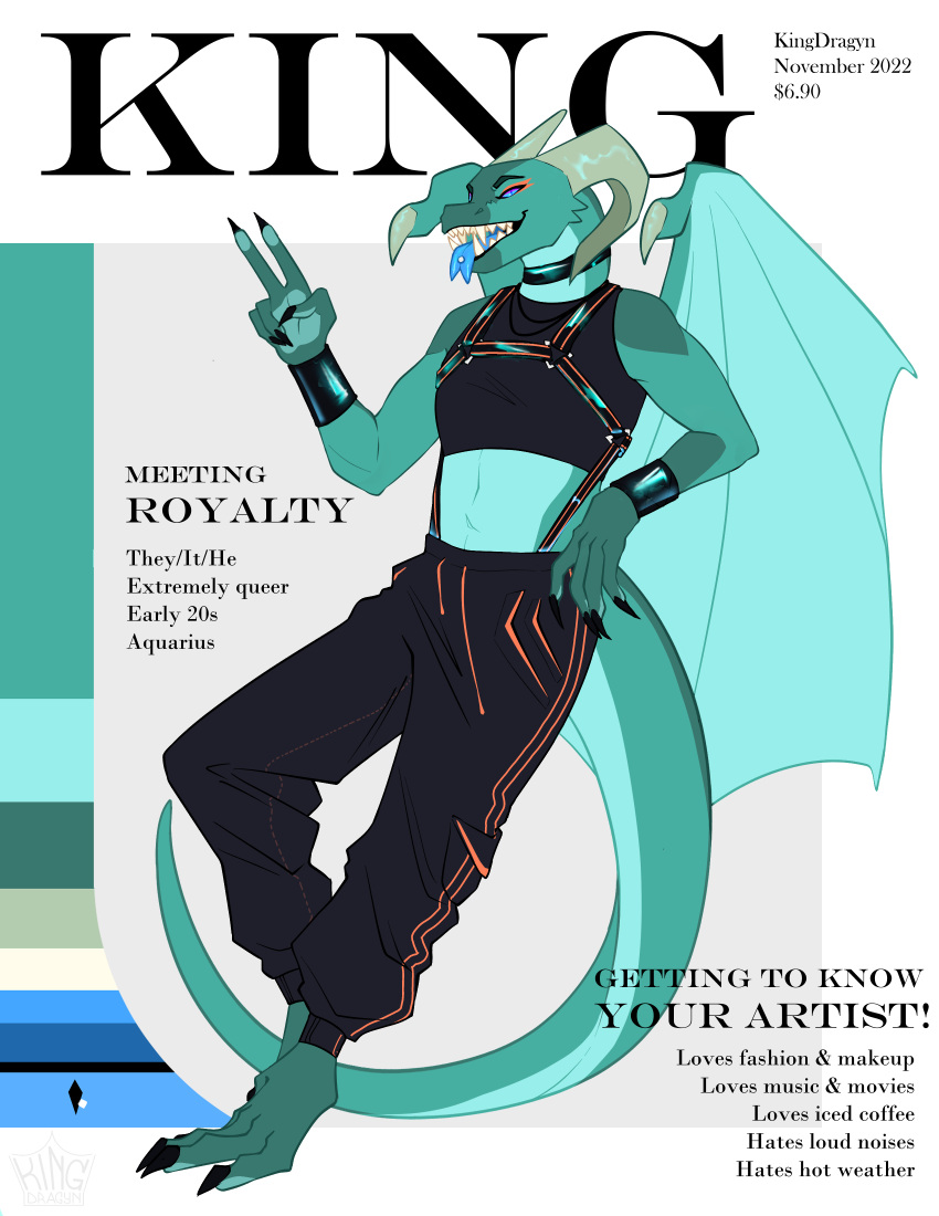 absurd_res ambiguous_gender anthro asymmetrical_horns chest_harness choker clothing countershading crop_top dragon harness hi_res horn jewelry kingdragyn latex makeup model_sheet necklace piercing scalie shirt solo tongue tongue_piercing topwear western_dragon wings