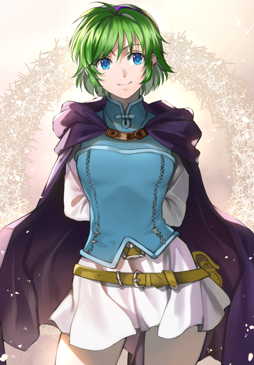 1girl abstract_background arms_behind_back belt_pouch blue_eyes blue_shirt breasts cape delsaber fire_emblem fire_emblem:_the_blazing_blade green_hair hairband highres hood hood_down looking_to_the_side nino_(fire_emblem) pouch purple_cape purple_hairband shirt skirt small_breasts smile white_skirt