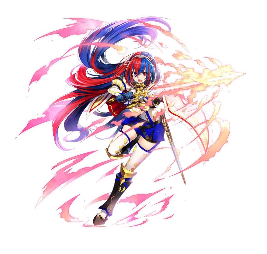 1girl alear_(female)_(fire_emblem) alear_(fire_emblem) amagai_tarou armor bangs blue_eyes blue_hair braid breasts cape crossed_bangs crown_braid fire fire_emblem fire_emblem_engage heterochromia holding holding_sword holding_weapon liberation_(fire_emblem) long_hair looking_at_viewer medium_breasts multicolored_hair official_art red_eyes red_hair smile solo split-color_hair sword thigh_strap thighhighs thighs tiara two-tone_hair very_long_hair weapon