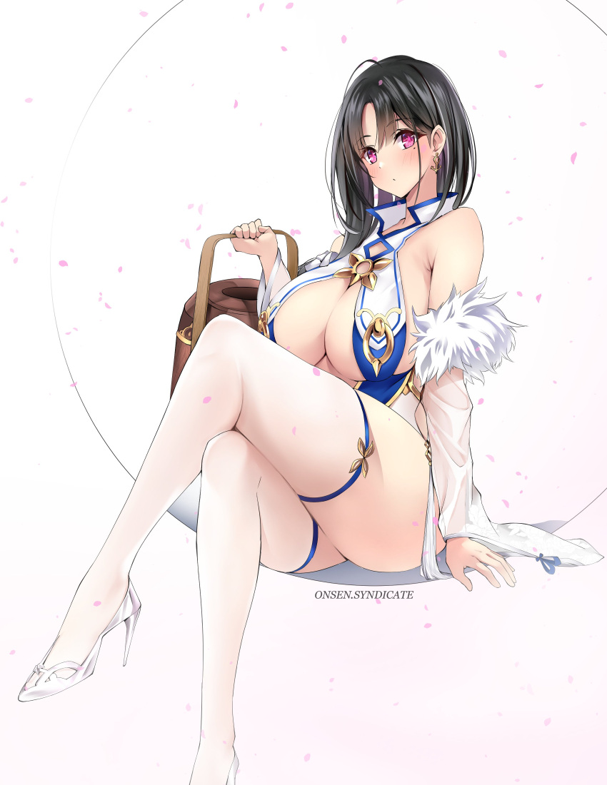 1girl absurdres ahoge arm_support artist_name azur_lane bare_shoulders black_hair blush breast_curtains breasts bucket chinese_clothes crossed_legs detached_sleeves earrings fur_trim gs_(onsen_syndicate) heart heart_earrings high_heels highres holding holding_bucket huge_breasts jewelry medium_hair mole mole_under_eye pelvic_curtain pink_eyes sitting solo thighhighs thighs ting_an_(azur_lane) white_background