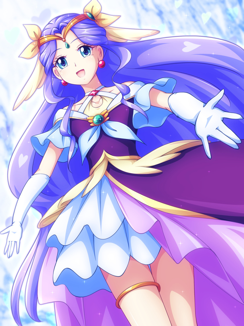 1girl blue_background blue_eyes blurry blurry_background bracelet collarbone cure_earth dress dutch_angle earrings elbow_gloves fuurin_asumi gloves gradient_background head_wings healin'_good_precure heart highres jewelry looking_at_viewer mimimix open_mouth precure purple_dress purple_hair tiara white_gloves