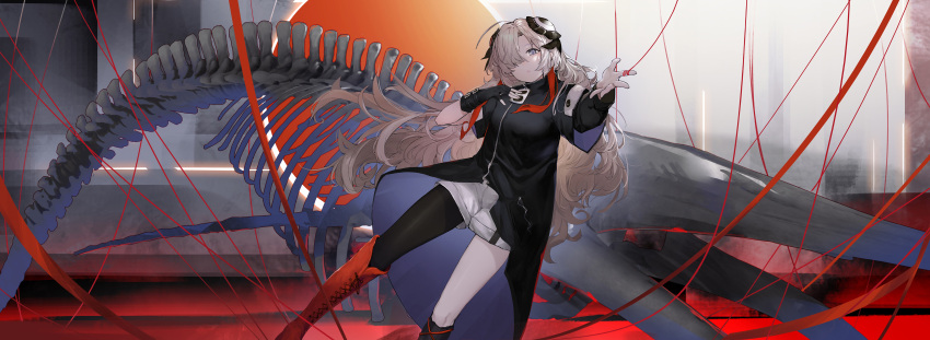 1girl absurdres ahoge animal_skeleton asymmetrical_legwear asymmetrical_sleeves black_coat black_gloves boots coat fingerless_gloves flower foot_out_of_frame gloves grey_eyes hair_flower hair_ornament hair_over_one_eye hand_on_own_chest high_collar highres isekai_joucho kamitsubaki_studio knee_boots kneehighs layered_sleeves leaning_to_the_side long_hair long_sleeves looking_at_viewer multicolored_hair outstretched_arm parted_lips red_footwear red_hair shiyashiki short_over_long_sleeves short_sleeves shorts single_glove single_knee_boot single_kneehigh single_leg_pantyhose single_sock socks solo standing standing_on_one_leg streaked_hair string string_around_finger string_of_fate wavy_hair whale white_hair white_shorts zipper zipper_pull_tab