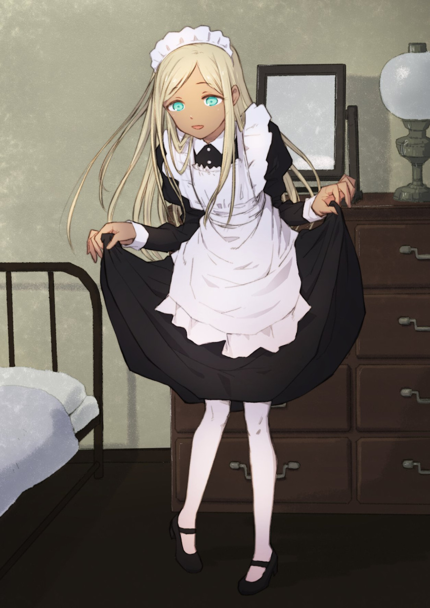 1girl alternate_costume apron aqua_eyes bed black_dress black_footwear blonde_hair chest_of_drawers commission dress enmaided frills highres idolmaster idolmaster_cinderella_girls indoors juliet_sleeves lamp layla_(idolmaster) long_hair long_sleeves maid maid_apron maid_headdress mary_janes mirror nametake pantyhose puffy_sleeves shoes skeb_commission skirt_hold solo standing white_apron white_pantyhose