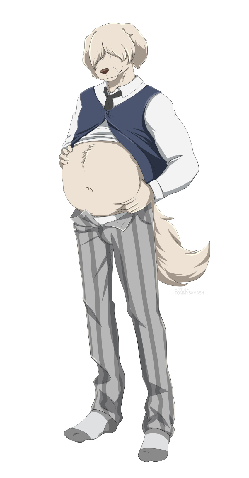 5_fingers absurd_res anthro beastars belly belly_grab black_necktie blue_clothing blue_topwear blue_vest bottomwear canid canine canis clothing collot_(beastars) domestic_dog exposed_belly fingers floppy_ears fluffy fluffy_tail footwear fur grey_bottomwear grey_clothing grey_pants hair hair_over_eyes hand_on_stomach hands_on_belly herding_dog hi_res holding_stomach male mammal midriff necktie pants pastoral_dog pattern_bottomwear pattern_clothing pattern_pants school_uniform shaggy_hair sheepdog shirt simple_background socks solo standing striped_bottomwear striped_clothing striped_pants stripes tail tommysamash topwear unbuttoned_pants uniform vest white_background white_body white_clothing white_fur white_hair white_shirt white_tail white_topwear