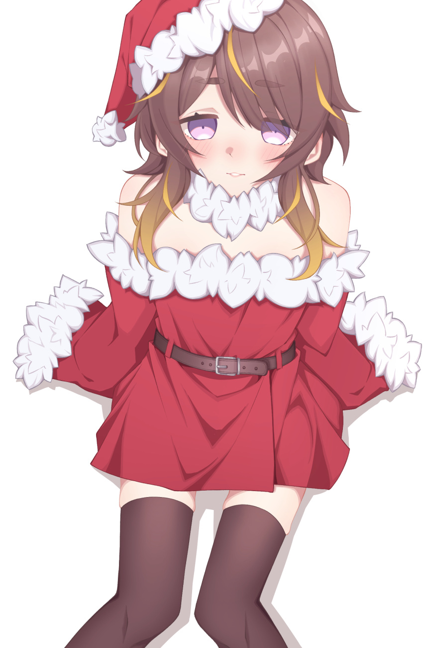 1girl absurdres alternate_costume anya_melfissa aobara_hairi belt black_thighhighs blonde_streaks brown_belt brown_hair closed_mouth dress fur-trimmed_dress fur-trimmed_headwear fur_trim hat highres hololive hololive_indonesia looking_at_viewer multicolored_hair purple_eyes red_dress red_hat santa_hat sleeves_past_fingers sleeves_past_wrists solo streaked_hair thighhighs virtual_youtuber white_background