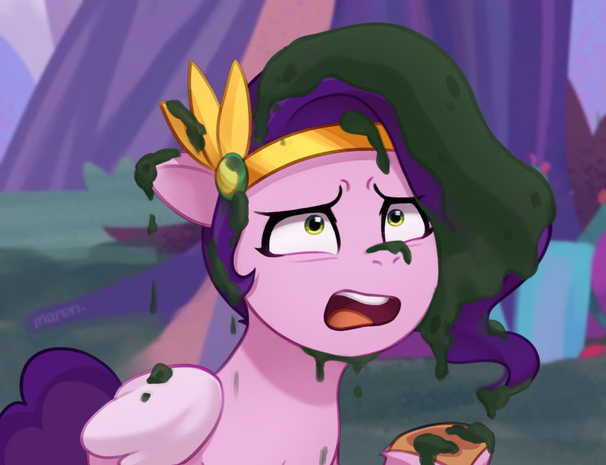 brown_hooves crown digital_media_(artwork) dirty equid equine female feral folded_wings green_eyes hair hasbro hi_res hooves mammal marenlicious mlp_g5 my_little_pony open_mouth pegasus pink_body pipp_petals_(mlp) purple_hair purple_tail signature solo tail teeth tiara wings