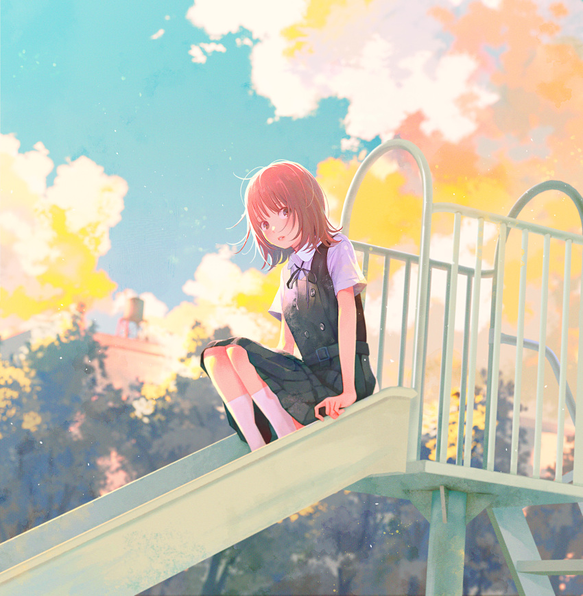 1girl building cloud dress film_grain highres light_brown_hair looking_at_viewer looking_to_the_side medium_hair nakamura_hinata neck_ribbon original playground ribbon school_uniform sitting sky slide socks solo sunlight sunset tree uniform white_socks