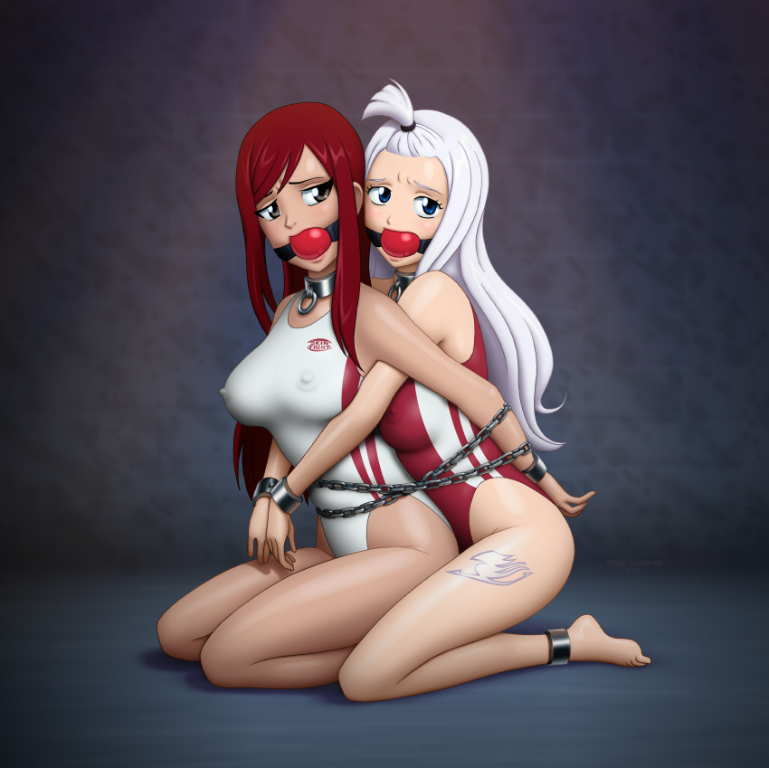 2girls absurdres ball_gag bdsm blue_eyes bondage bound chain collar covered_nipples drew_gardner erza_scarlet fairy_tail gag highres kneeling leg_tattoo long_hair looking_at_viewer mirajane_strauss multiple_girls one-piece_swimsuit red_hair swimsuit tattoo white_hair