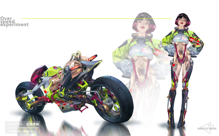 1girl a_bathing_ape absurdres android black_hair breasts chain chen_hg chinese_commentary chinese_text colored_tips comme_des_garcons english_text glowing green_eyes grey_background grey_shirt ground_vehicle hands_on_hips head_tilt helmet highres mario mario_(series) mechanical_parts motor_vehicle motorcycle multicolored_hair open_mouth original paper_mario purple_hair red_lips science_fiction screw see-through shirt short_hair shrug_(clothing) smile star_wars starbucks sticker stormtrooper supreme_(brand) tail_lights the_hundreds_(brand) underboob vehicle_focus zoom_layer