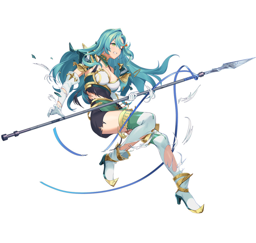 aqua_hair bangs boots breasts chloe_(fire_emblem) cleavage clenched_teeth elbow_gloves feathers fire_emblem fire_emblem_engage fire_emblem_heroes garter_straps gloves green_eyes holding holding_polearm holding_weapon large_breasts long_hair one_eye_closed parted_lips polearm teeth thigh_boots thighs torn_clothes weapon white_gloves