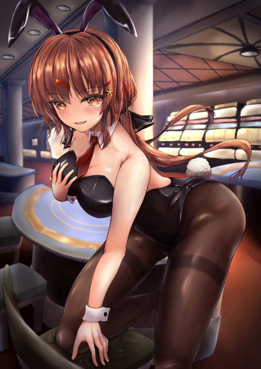 absurdres animal_ears artist_request black_pantyhose breasts brown_hair casino grabbing_own_breast hair_ornament hairclip highres kantai_collection large_breasts long_hair necktie pantyhose playboy_bunny rabbit_ears rabbit_tail star_(symbol) star_hair_ornament tail tashkent_(kancolle) thighband_pantyhose twintails wrist_cuffs