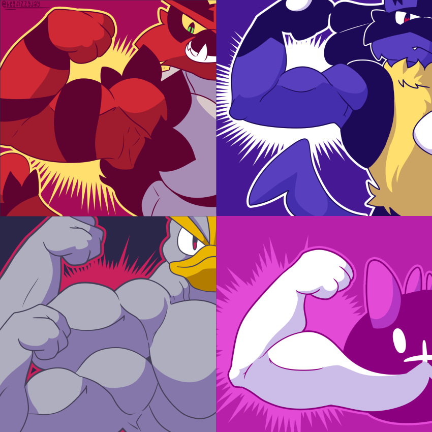 1:1 anthro blue_body blue_fur digital_media_(artwork) fizzyjay flexing_bicep fur generation_1_pokemon generation_4_pokemon generation_7_pokemon group hi_res incineroar lucario machamp mammal multi_arm multi_limb muscular muscular_anthro nintendo pokemon pokemon_(species) pyukumuku red_body red_fur simple_background video_games