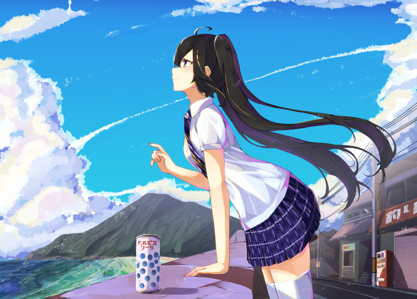 1girl absurdres ahoge bangs black_hair blue_sky building candy cloud collared_shirt commentary_request day ekusera food from_side hair_between_eyes highres leaning_forward long_hair mountain necktie original outdoors plaid plaid_skirt pleated_skirt power_lines profile purple_eyes purple_necktie purple_skirt road shirt short_sleeves skirt sky solo thighhighs twintails utility_pole vending_machine very_long_hair water white_shirt white_thighhighs window