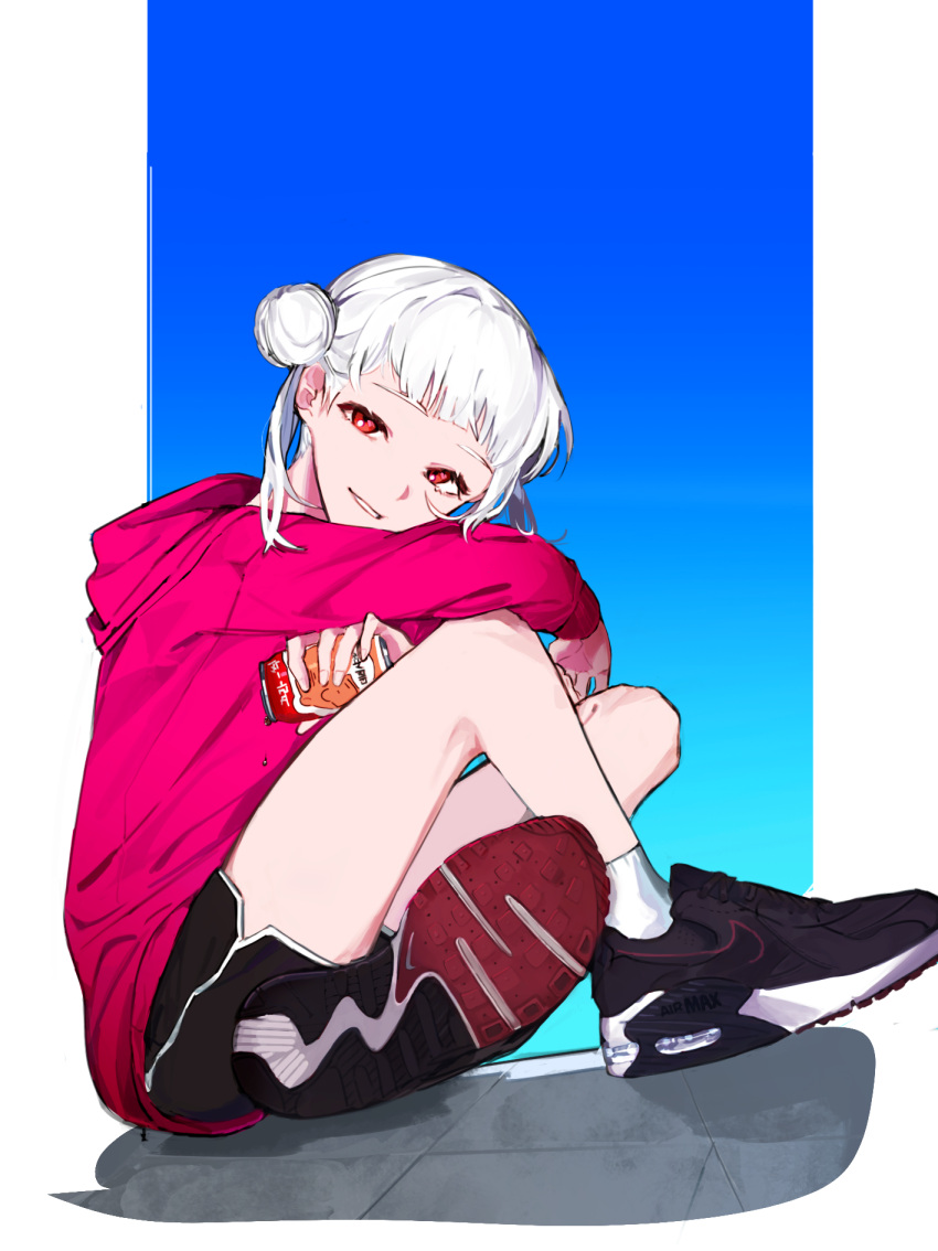 1girl 59_(garigari_hodu) air_max air_max_90 alternate_costume arashi_chisato bangs black_footwear black_shorts can double_bun from_side grey_hair gym_shorts hair_behind_ear hair_bun highres holding holding_can hood hoodie leaning_forward looking_at_viewer love_live! love_live!_superstar!! nike parted_lips pink_hoodie red_eyes shoes shorts sitting smile sneakers socks solo streetwear twintails white_socks