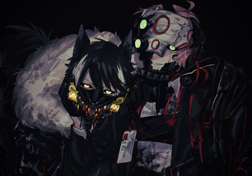 2boys android animal_ears black_background black_gloves black_hair black_jacket black_sclera colored_sclera dirty dirty_clothes fur-trimmed_jacket fur_trim gloves green_eyes hair_between_eyes half_gloves hand_on_own_face highres holding holding_ribbon holostars id_card jackal_boy jackal_ears jacket kageyama_shien looking_at_viewer male_focus mechanical_arms mechanical_parts momiage_40 multicolored_hair multiple_boys parted_lips pink_hair red_ribbon respirator ribbon rikka_(holostars) sharp_teeth shirt short_hair smirk tail teeth two-tone_hair upper_body virtual_youtuber white_hair white_shirt yellow_eyes