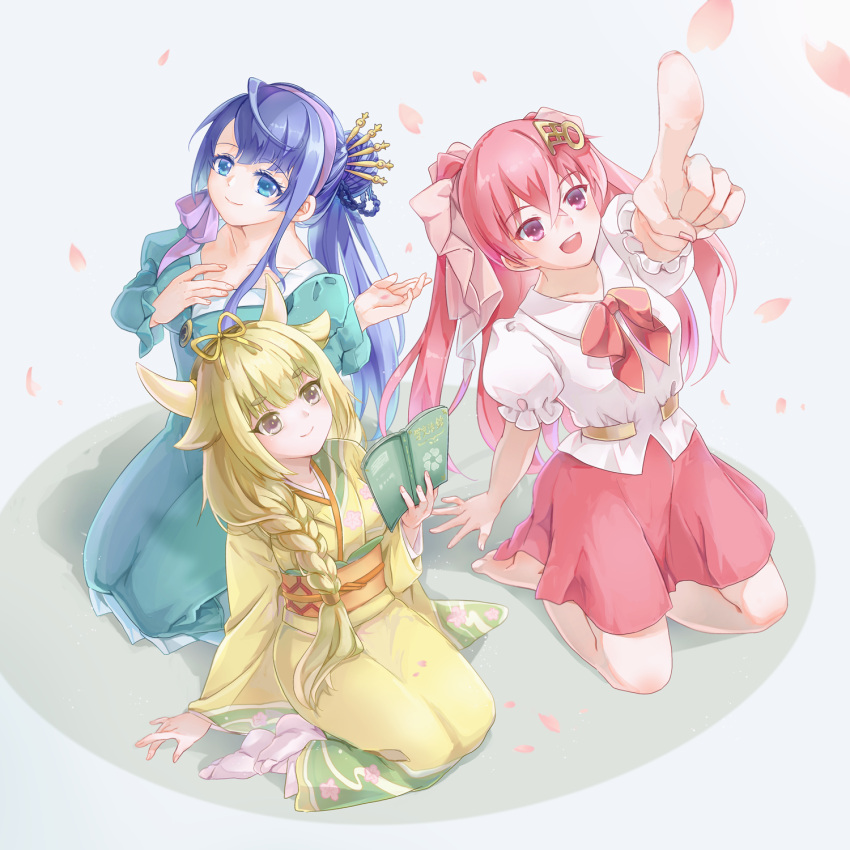 3girls blonde_hair blue_eyes blue_hair book braid cherry_blossoms dress falling_petals goou_yoshimitsu hair_ornament hairpin highres horns japanese_clothes jouizumi_masamune karaqia kuwana_gou_(tenka_hyakken) long_hair multiple_girls petals pointing pointing_up puffy_sleeves red_eyes red_hair ribbon single_braid skirt tenka_hyakken yellow_eyes