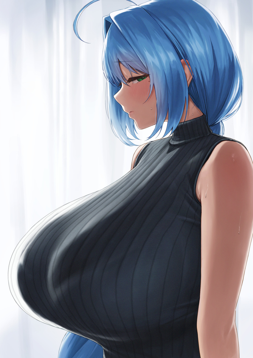 1girl absurdres ahoge black_sweater blue_eyes blue_hair blush breasts commission deka_(deka_4242) embarrassed from_side hair_behind_ear half-closed_eyes highres huge_breasts long_hair looking_at_viewer low_ponytail mole mole_under_mouth original ribbed_sweater skeb_commission sleeveless sleeveless_sweater solo sweater variant_set very_long_hair