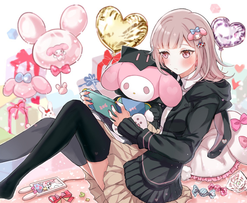 1girl balloon bangs black_jacket black_shirt black_thighhighs blush bow breasts brown_skirt candy commentary_request cosplay danganronpa_(series) danganronpa_2:_goodbye_despair dress_shirt ear_bow flipped_hair food frilled_pillow frills from_side frown galaga gift gorila_chan hair_ornament handheld_game_console heart holding holding_handheld_game_console hood hood_down jacket large_breasts medium_hair monomi_(danganronpa) my_melody nanami_chiaki nanami_chiaki_(cosplay) onegai_my_melody open_clothes open_jacket phone pillow pink_bow pink_eyes pleated_skirt shirt skirt thighhighs white_shirt