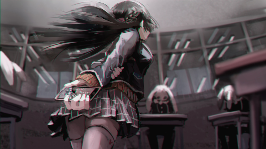 1girl 23el 2others arms_behind_back black_hair black_jacket black_skirt blazer blurry braid breasts cellphone classroom commentary_request crown_braid depth_of_field facing_away from_behind hand_on_own_arm highres holding holding_phone indoors jacket large_breasts long_hair long_sleeves multiple_others nijisanji phone plaid plaid_skirt pleated_skirt school_uniform skirt smartphone solo_focus table thighhighs tsukino_mito virtual_youtuber walking white_thighhighs zettai_ryouiki