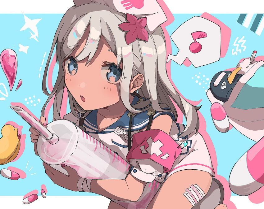 1girl alternate_costume armband bandages blonde_hair blue_eyes blue_sailor_collar dark-skinned_female dark_skin detached_sleeves dress eighth_note failure_penguin futon hat highres holding holding_syringe kantai_collection long_hair medicine miss_cloud musical_note nurse nurse_cap oversized_object pill puffy_sleeves ro-500_(kancolle) rubber_duck sailor_collar shamomo sick spoken_musical_note stethoscope syringe thermometer white_dress