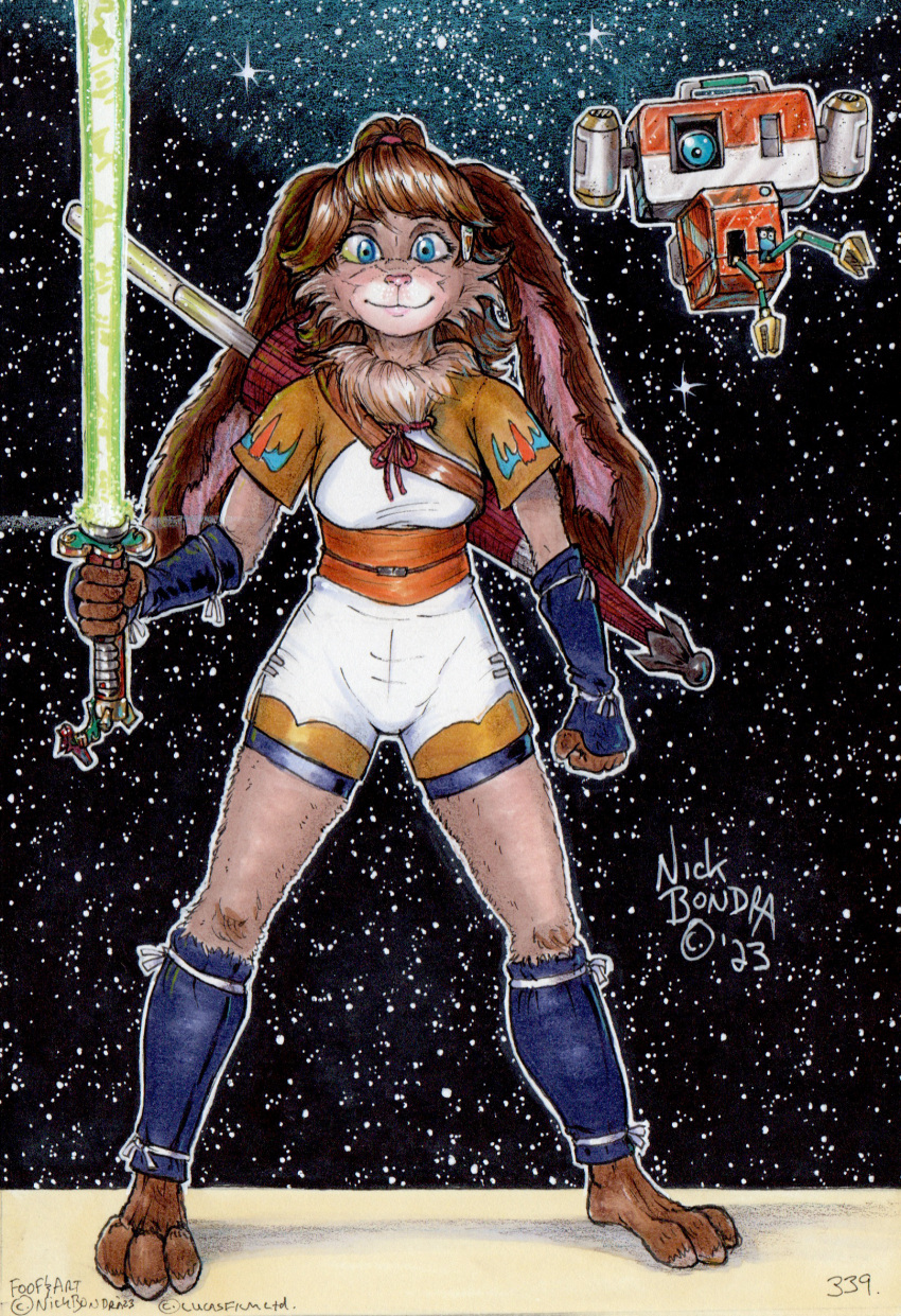 2023 anthro blue_eyes breasts brown_body brown_fur brown_hair clothed clothing duo female fur hair hi_res holding_lightsaber holding_object holding_weapon lagomorph lepi leporid lightsaber long_ears looking_at_viewer lop_(star_wars_visions) machine mammal melee_weapon neck_tuft phraggle robot smile standing star_wars star_wars_visions td-4 tuft weapon wide_stance