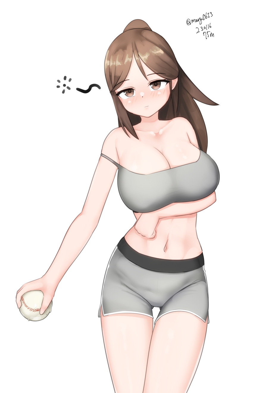 1girl absurdres alternate_costume amagi_(kancolle) baseball bra breasts brown_eyes brown_hair cleavage drunk grey_bra grey_shorts high_ponytail highres kantai_collection large_breasts long_hair maru_(marg0613) midriff navel one-hour_drawing_challenge shorts sidelocks solo sports_bra strap_slip underwear wide_ponytail