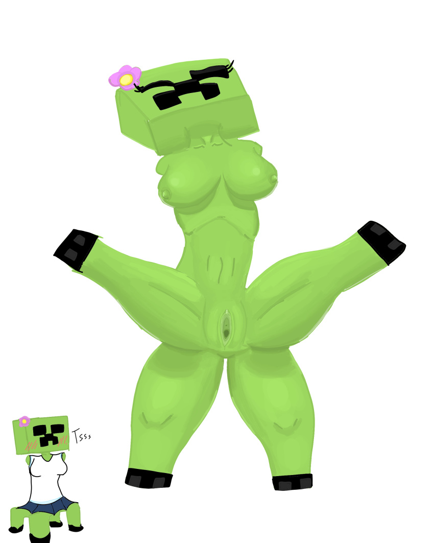 4_legs absurd_res accessory armless blush blush_lines breasts clothing creeper_(minecraft) female flower flower_on_head genitals green_body hair_accessory hi_res humanoid legs_up microsoft minecraft mojang nude plant pussy school_uniform solo student tomys uniform xbox_game_studios